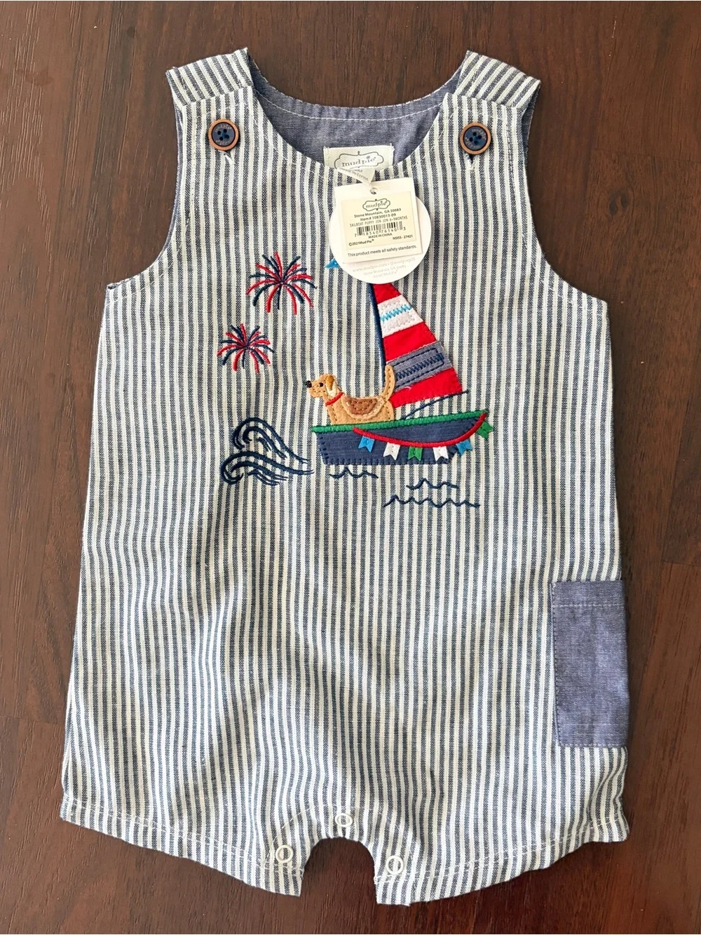 Mud Pie Baby Boy 6-9M Nautical Sailboat Striped Shortall Jon Jon NWT